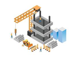 Modern Isometric Construction Site Development Progress Illustration, Suitable for Diagrams, Infographics, Book Illustration, Game Asset, And Other Graphic Related Assets vector