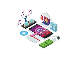 Modern Isometric Cloud Online Music Player Entertainment Illustration in White Isolated Background With People and Digital Related Asset vector