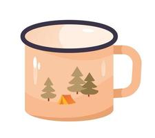 Taza de hierro de senderismo con la imagen del bosque. ilustración vectorial en un estilo plano. vector