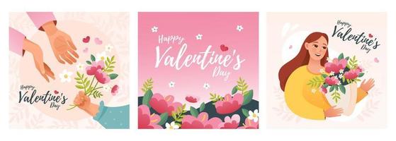 Valentine's day. A child gives a bouquet of flowers to his mother for Valentine's Day. A set of cute holiday cards. Cute cartoon vector illustration