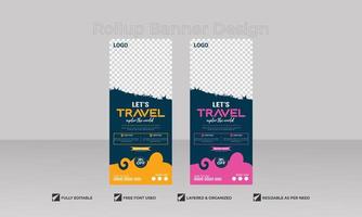 Travel Business agency banner. Truism Stand Rollup Design. Corporate digital yard sign. Vector signage designs, Holiday x-stand retractable banner. Company Tours Vacation exhibition display Template
