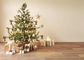 Light living room Christmas interior in Scandinavian style. Beautiful Christmas tree with gift boxes and lighting. Beige empty wall mockup. 3d rendering high quality illustration. photo