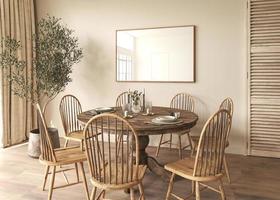 Farmhouse beige dining room interior with furniture. Scandinavian boho style. 3D rendering of a wall frame mockup. High quality illustration. photo