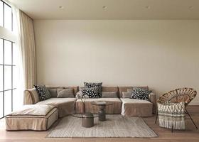 interior beige clásico moderno con muebles. estilo boho escandinavo. silla con sofá de mesa de café. Ilustración 3d de una maqueta de pared en blanco cerca de una ventana. ilustración de alta calidad. foto
