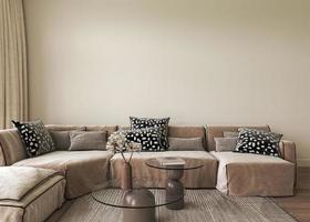 Modern classic beige interior with furniture. Scandinavian boho style. Chair with coffee table sofa, vase, book. 3D render illustration of an empty wall mockup. High quality illustration. photo