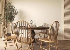 interior de comedor beige de casa de campo con muebles. estilo boho escandinavo. Representación 3d de una maqueta de marco de pared. ilustración de alta calidad. foto