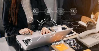 API - Application Programming Interface, woman using laptop, tablet and smartphone with virtual screen API icon Software development tool, modern technology photo