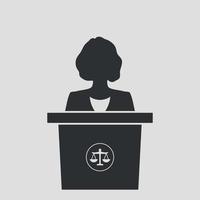 Woman speaker on justice tribune. Silhouette of politic or diplomat. Vector illustration