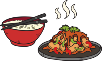 arroz dibujado a mano con verduras fritas ilustración de comida china y japonesa
