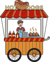 carrito de comida callejera dibujado a mano con ilustración de perritos calientes png