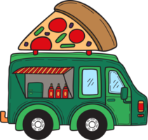 caminhão de comida desenhado à mão e ilustração de pizza png