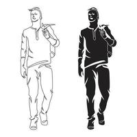 Young man stand line art drawing style, the man sketch black linear isolated on white background, the best man walk vector illustration.