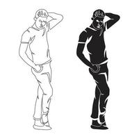 Styles boy line art drawing style, the boy stand sketch black linear isolated on white background, the best styles boy vector illustration.
