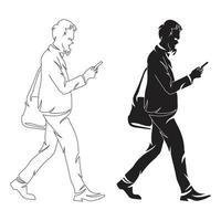 Man walk and seen his phone line art drawing style, the man sketch black linear isolated on white background, the best man walk line art vector illustration.