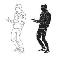 hombre divertido indica estilo de dibujo de arte de línea de dedo, el hombre esboza lineal negro aislado en fondo blanco, la mejor ilustración vectorial divertida. vector