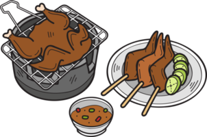 poulet grillé dessiné à la main et illustration de brasier thaïlandais png