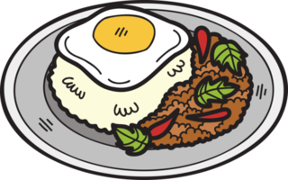 arroz frito de manjericão desenhado à mão com ovo frito ou ilustração de comida tailandesa png