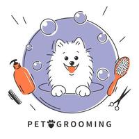 aseo de mascotas. logotipo del salón de peluquería animal, cortes de pelo, baño. perro de dibujos animados tomando un baño lleno de espuma jabonosa.ilustración vectorial vector