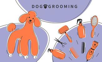 Dog grooming. Cute poodle  dog with different tools for animal hair grooming, haircuts, bathing, hygiene. Pet care salon. Vector illustration
