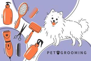 Pet grooming. Cartoon dog character with different tools for animal hair grooming, haircuts, bathing, hygiene. Pet care salon concept. vector