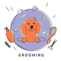 Dog pet grooming. Animal hair grooming salon logo, haircuts, bathing. Cartoon dog taking a bath full of soapy suds.Vector illustration vector
