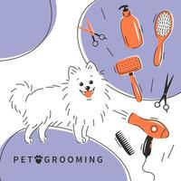 Pet care salon. Pet grooming. Cartoon dog character with different tools for animal hair grooming, haircuts, bathing, hygiene. Pet care salon concept. vector