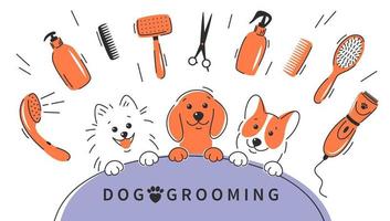 Dog grooming. Cartoon dogs with different tools for animal hair grooming, haircuts, bathing, hygiene. Vector illustration for pet care salon.