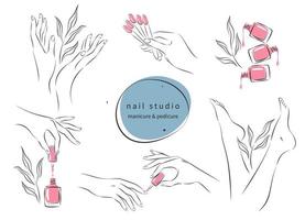 Set of elements for nail studio. Nail polish, nail brush, manicured female hands and legs. Vector illustrations