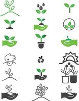 Vector set of symbols of agriculture. Illustration of hands with seeds and sprout. Growth of plants on early stages
