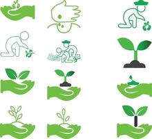 Vector set of symbols of agriculture. Illustration of hands with seeds and sprout. Growth of plants on early stages