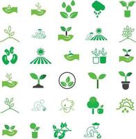 Vector set of symbols of agriculture. Illustration of hands with seeds and sprout. Growth of plants on early stages