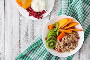 Porridge with fresh fruit and cranberries. Healthy breakfast. Proper nutrition. Dietary menu. Top view photo