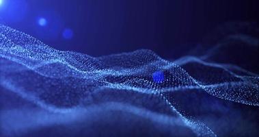 Futuristic abstract blue glowing wave lines from dots and particles of shining pixels magical energy glowing neon in sunbeams. Abstract background. Screensaver, video in high quality 4k