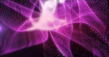 Abstract background of waves of purple pink futuristic hi-tech grains of sand waves of dots pixel particles flying with glow effect with rays of light and blur, screensaver, video in high quality 4k