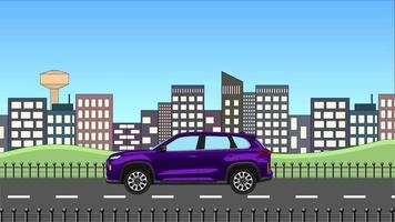 Koninklijk Purper kleur groot grootte suv auto voorbijgaan Aan stedelijk gebouw achtergrond. gemakkelijk 2d auto animatie. video