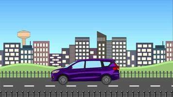 coche familiar de color púrpura real que pasa por el fondo del edificio urbano. Animación simple de autos en 2d.