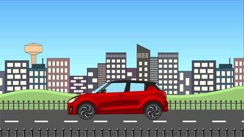 coche hatchback premium de color rojo brillante que pasa por el fondo del edificio urbano. Animación simple de autos en 2d. video