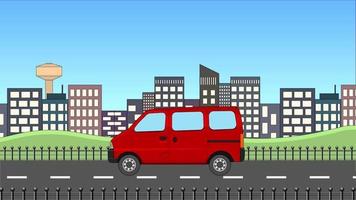 voiture van de couleur rouge vif passant sur fond de construction urbaine. animation de voiture 2d simple. video