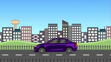 coche sedán de color púrpura real que pasa por el fondo del edificio urbano. Animación simple de autos en 2d. video