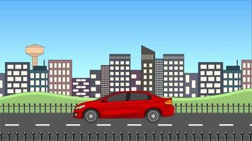 coche sedán premium de color rojo brillante que pasa por el fondo del edificio urbano. Animación simple de autos en 2d. video