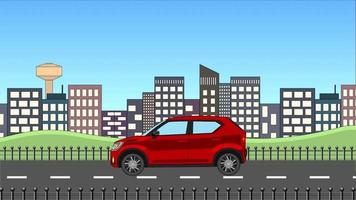helder rood kleur mini suv auto voorbijgaan Aan stedelijk gebouw achtergrond. gemakkelijk 2d auto animatie. video