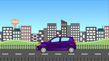 Coche mini hatchback de color púrpura real que pasa por el fondo del edificio urbano. Animación simple de autos en 2d. video