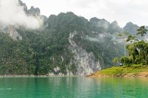 Beautiful high mountains and green lake photo