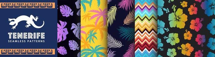 Tenerife Collection of Seamless Patterns. Set of graphics with palm trees, monsteras, flowers, leafs. Designs for beach towels, wrapping paper, backgrounds, apparel and textiles. Summer illustrations vector