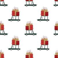 Green retro toy car delivering gift box for winter holidays. Seamless festival doodle pattern vector