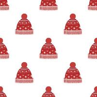 Red knitted winter hat. Simple and festive seamless pattern vector