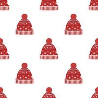 Red knitted winter hat. Simple and festive seamless pattern vector