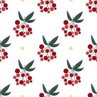 Viburnum. Twigs with red berries and a green leaves and golden dots. Winter floral seamless pattern. vector