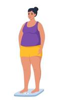 Fat woman standing on weigh scales. Oversize fatty girl. Obesity weight control concept. Overweight female cartoon character full length. Vector illustration.