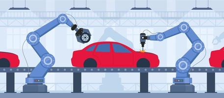 Process of automated car production. Vehicle parts on the machinery line with robotic hands. Assembly line at an automobile factory. Vector illustration.